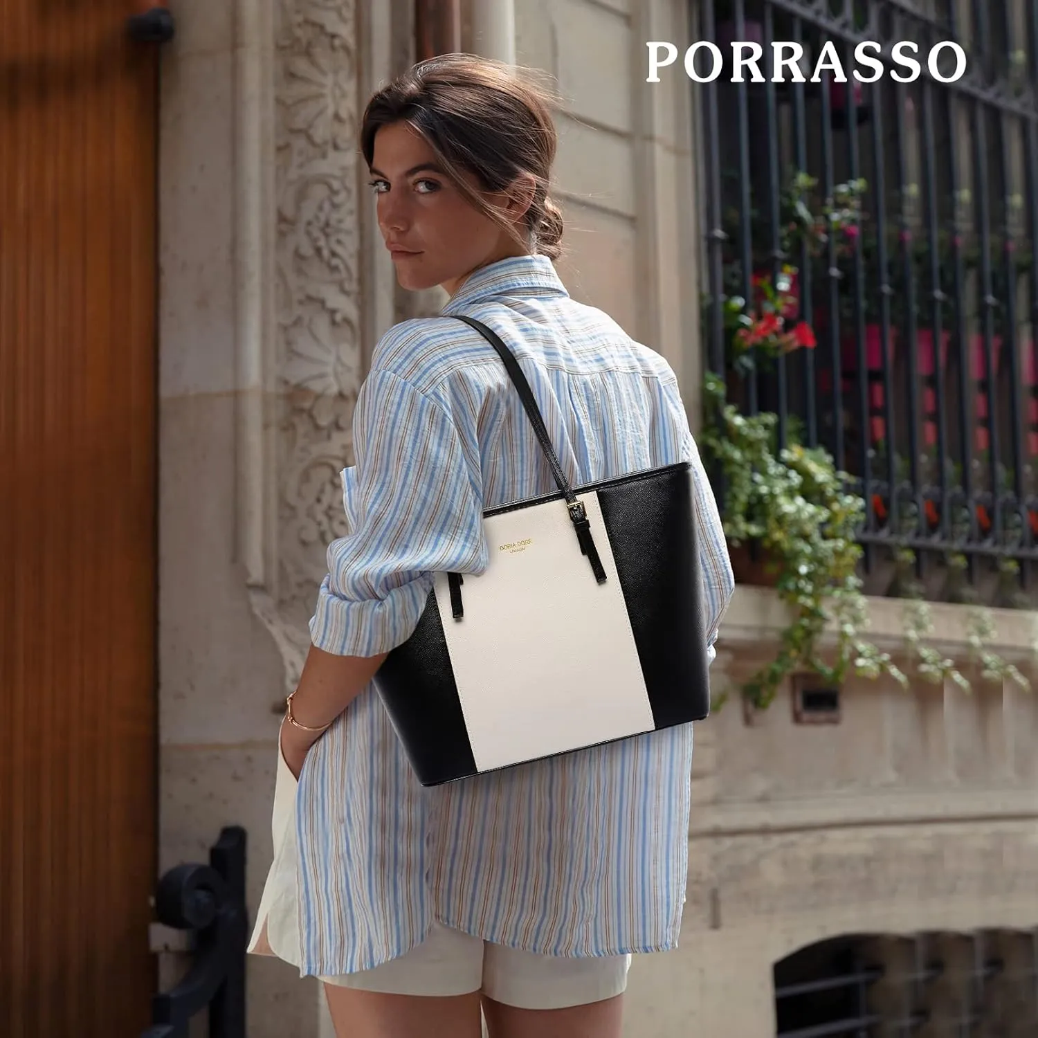 PORRASSO Women Handbag Fashion Tote Bag Ladies Large Shoulder Bag PU Leather Top-Handle Bag for Work Travel Shopping Black White