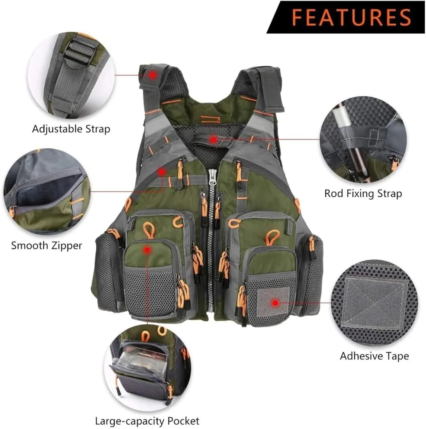 Portable Fishing Vest, Snorkel Vests with Zipper Pockets for Boating Fishing Surfing
