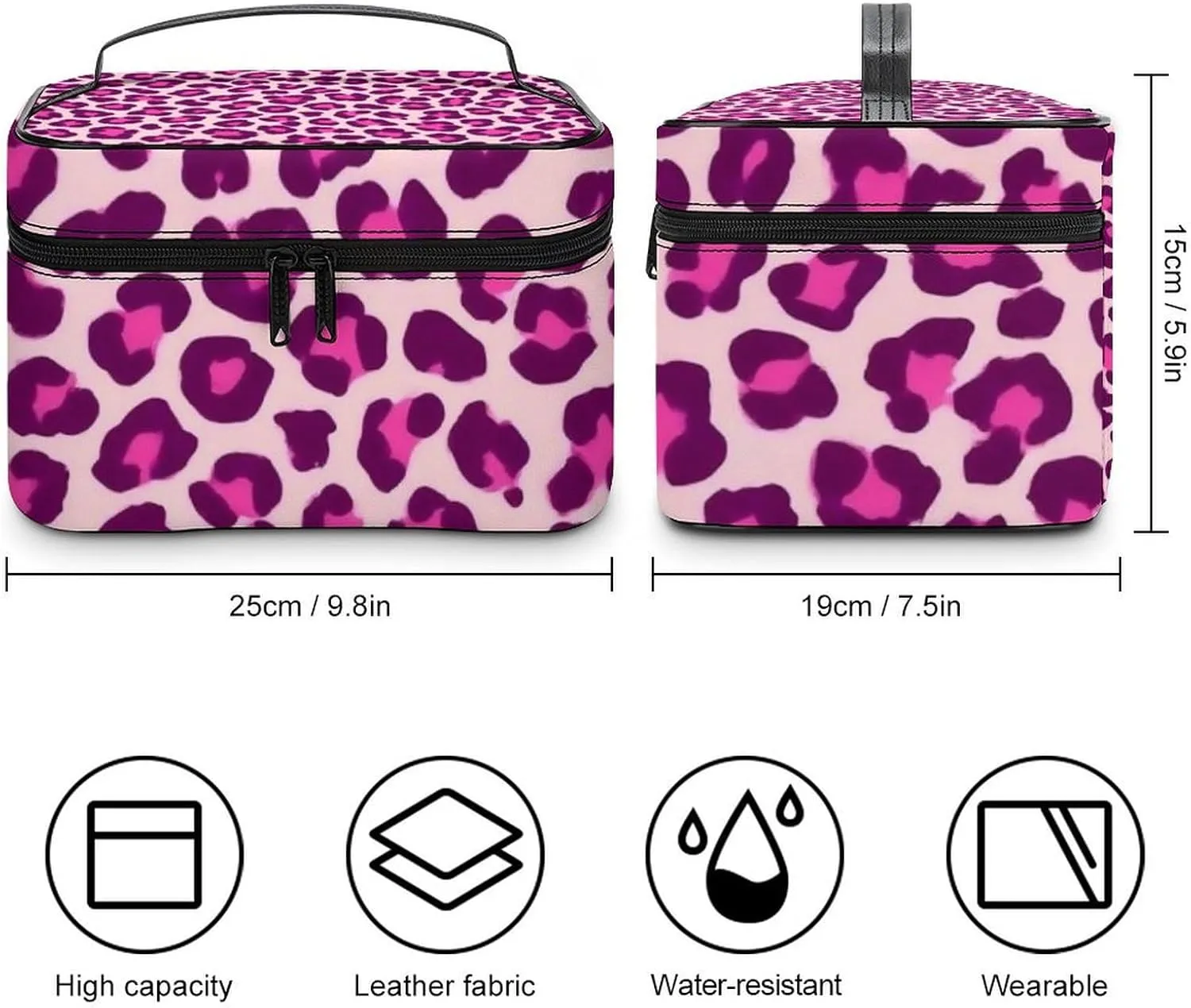 Portable Makeup Bag for Women, Travel Large Cosmetics Toiletry Storage Bag Cheetah Leopard Print Floral Pink Makeup Organizer Case with Handle