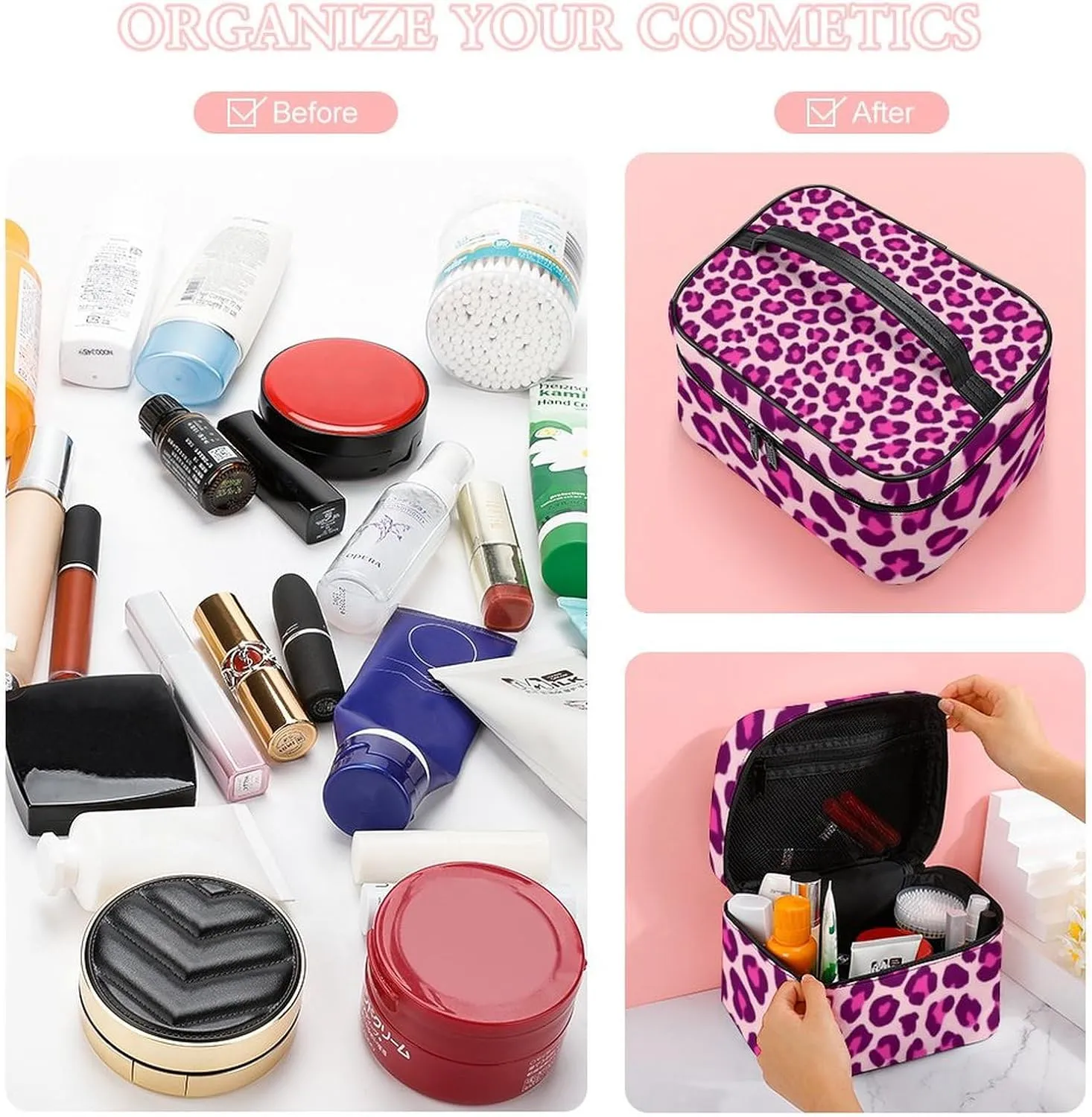 Portable Makeup Bag for Women, Travel Large Cosmetics Toiletry Storage Bag Cheetah Leopard Print Floral Pink Makeup Organizer Case with Handle