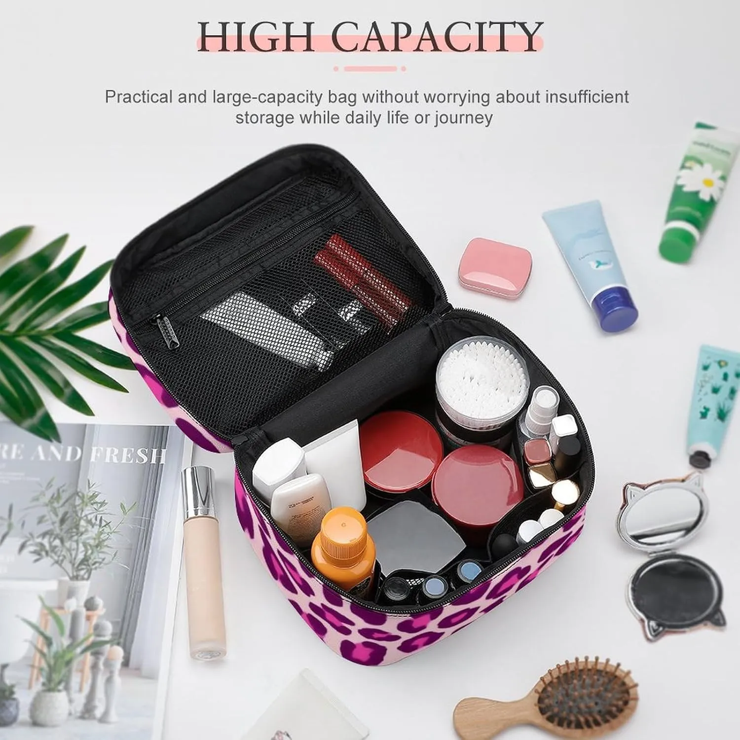 Portable Makeup Bag for Women, Travel Large Cosmetics Toiletry Storage Bag Cheetah Leopard Print Floral Pink Makeup Organizer Case with Handle