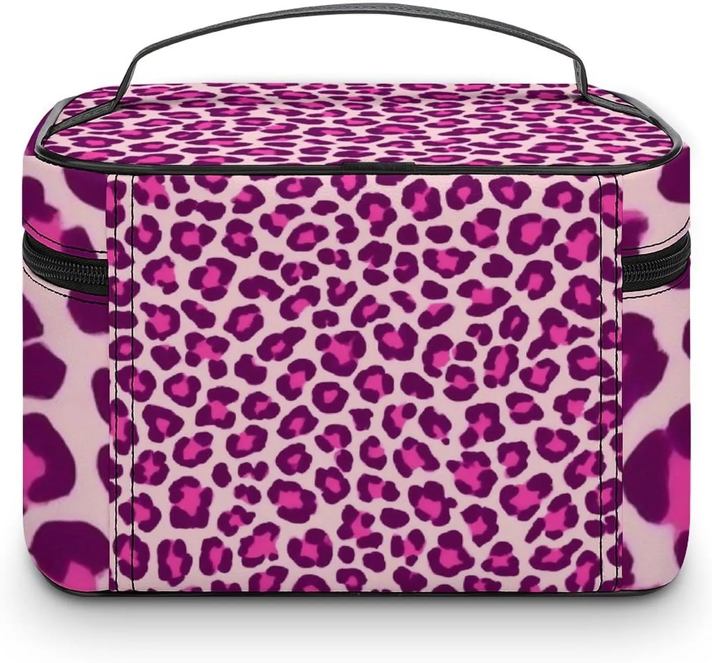 Portable Makeup Bag for Women, Travel Large Cosmetics Toiletry Storage Bag Cheetah Leopard Print Floral Pink Makeup Organizer Case with Handle