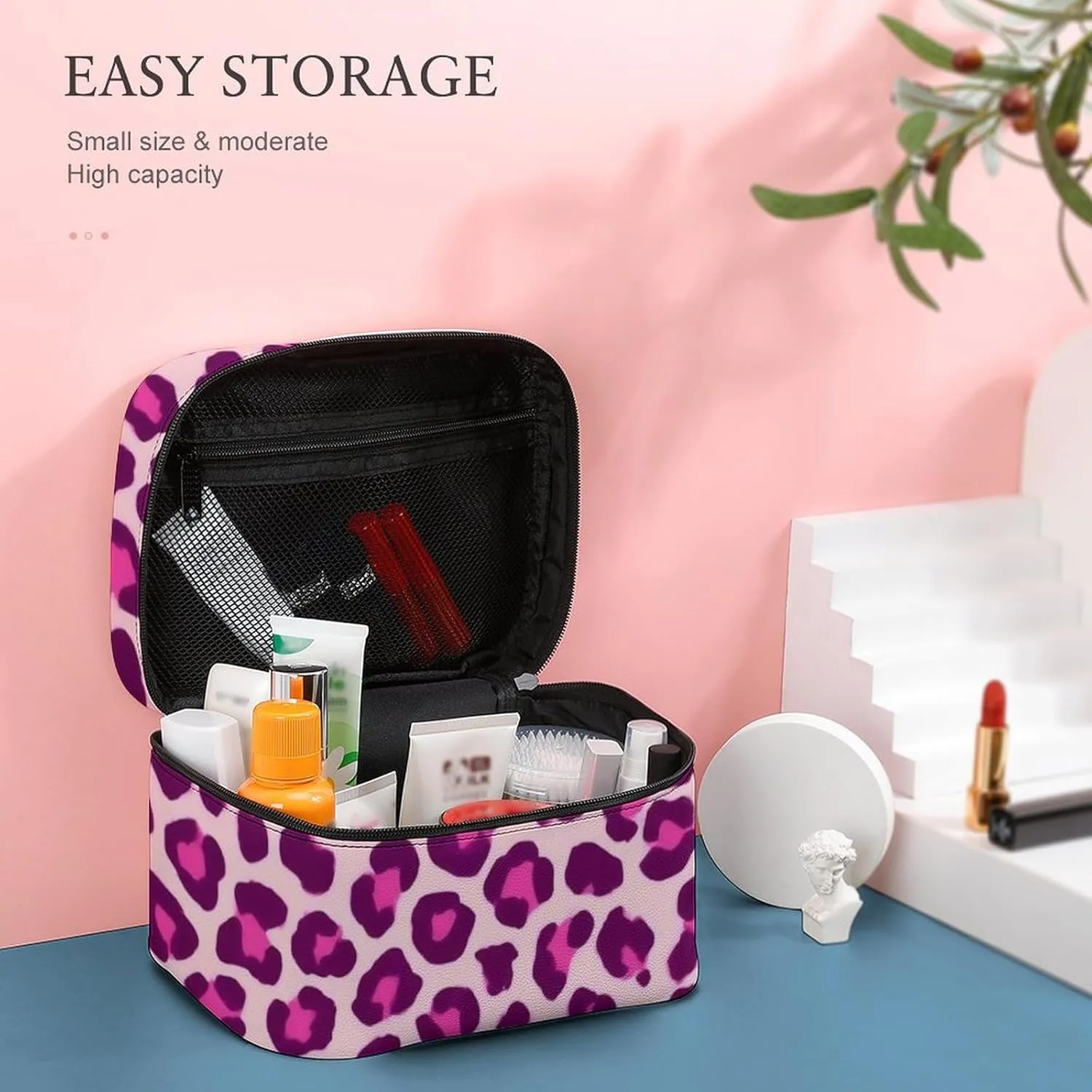 Portable Makeup Bag for Women, Travel Large Cosmetics Toiletry Storage Bag Cheetah Leopard Print Floral Pink Makeup Organizer Case with Handle