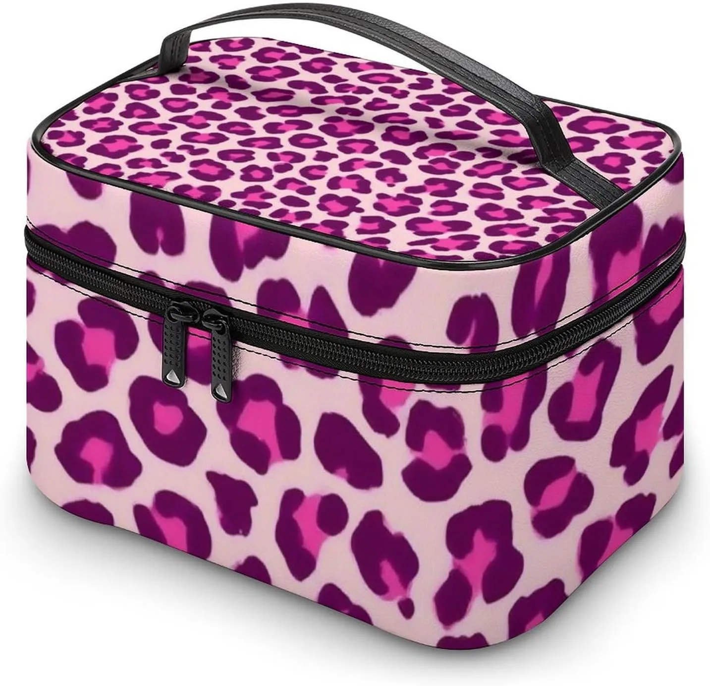 Portable Makeup Bag for Women, Travel Large Cosmetics Toiletry Storage Bag Cheetah Leopard Print Floral Pink Makeup Organizer Case with Handle