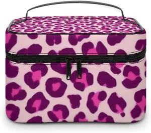 Portable Makeup Bag for Women, Travel Large Cosmetics Toiletry Storage Bag Cheetah Leopard Print Floral Pink Makeup Organizer Case with Handle
