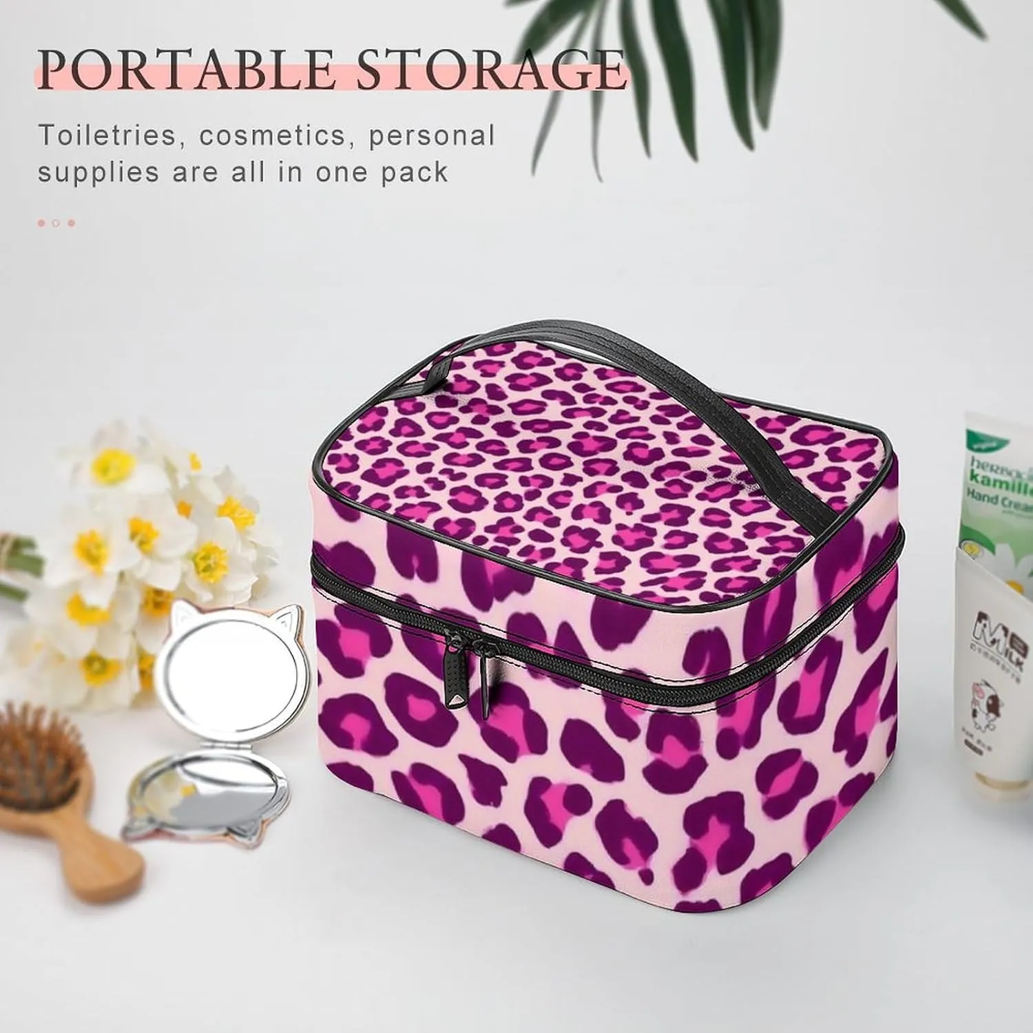 Portable Makeup Bag for Women, Travel Large Cosmetics Toiletry Storage Bag Cheetah Leopard Print Floral Pink Makeup Organizer Case with Handle