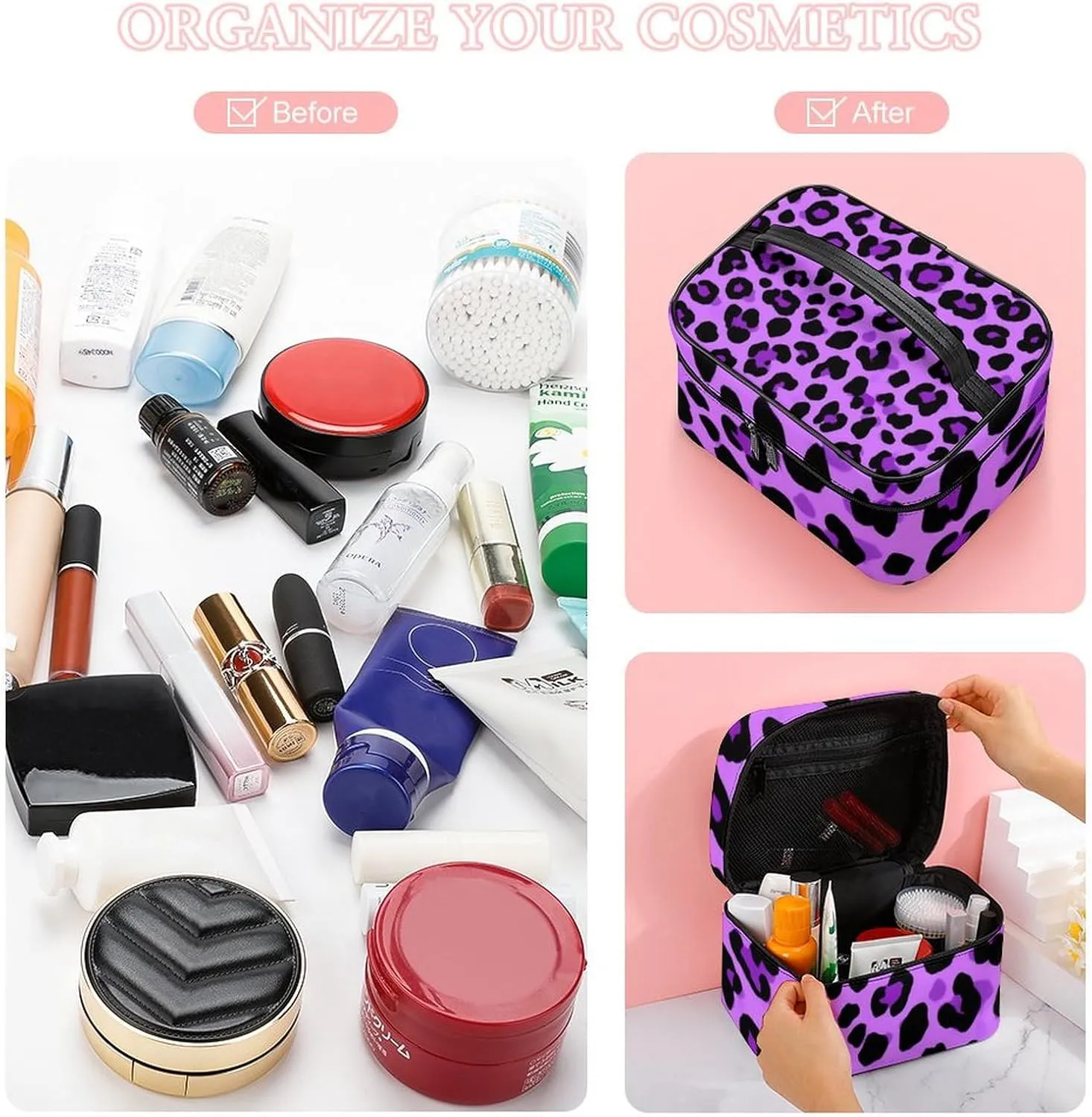 Portable Travel Makeup Bag for Women, Waterproof Toiletry Pouch Purple Cheetah Leopard Print Cosmetic Organizer Storage Case with Handle