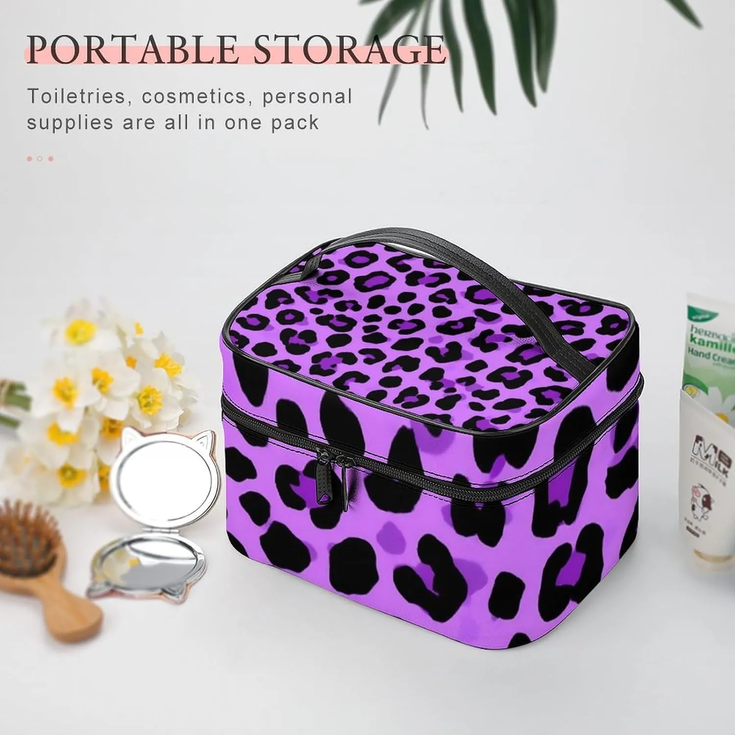 Portable Travel Makeup Bag for Women, Waterproof Toiletry Pouch Purple Cheetah Leopard Print Cosmetic Organizer Storage Case with Handle