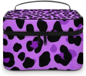 Portable Travel Makeup Bag for Women, Waterproof Toiletry Pouch Purple Cheetah Leopard Print Cosmetic Organizer Storage Case with Handle