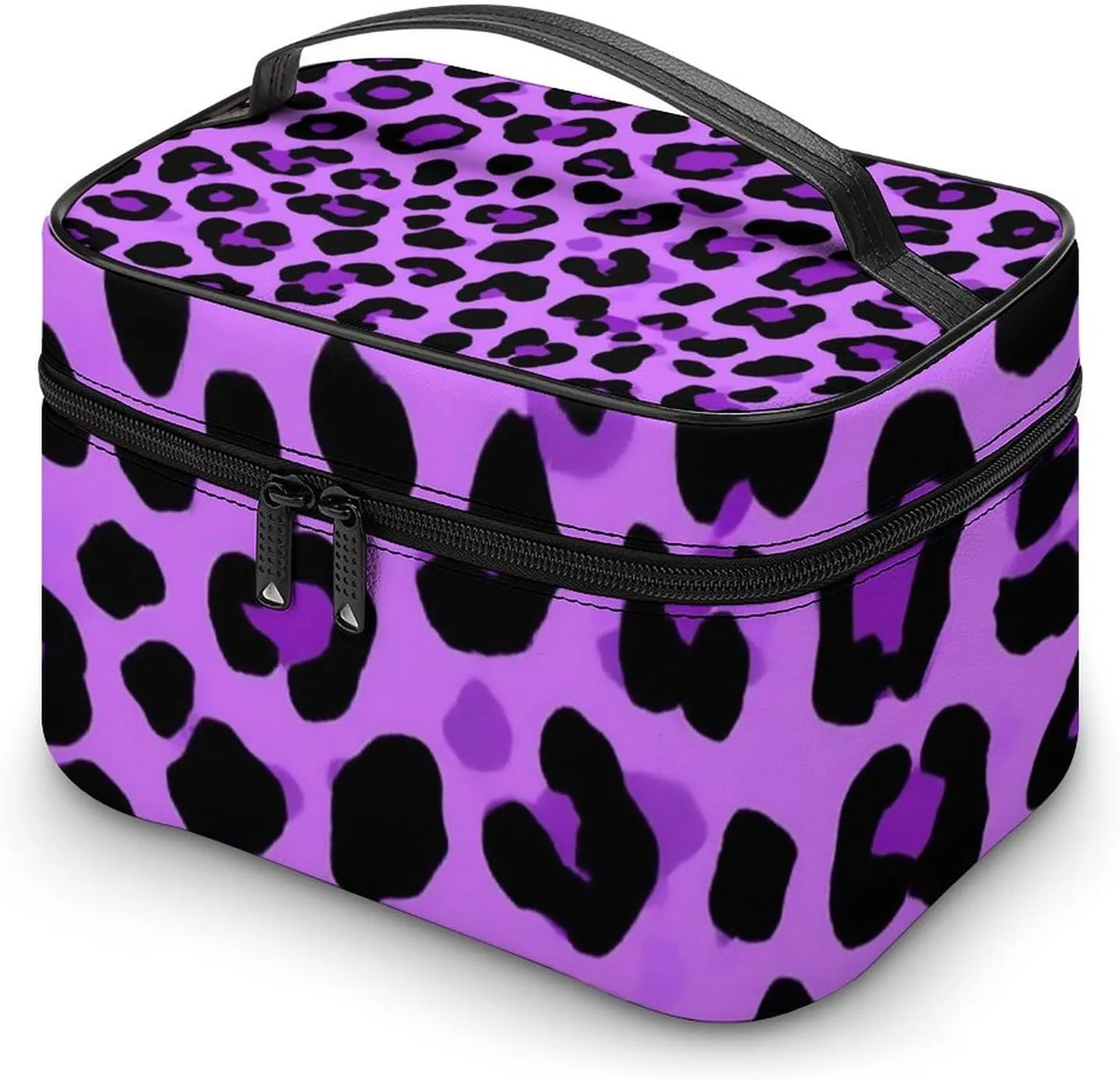 Portable Travel Makeup Bag for Women, Waterproof Toiletry Pouch Purple Cheetah Leopard Print Cosmetic Organizer Storage Case with Handle