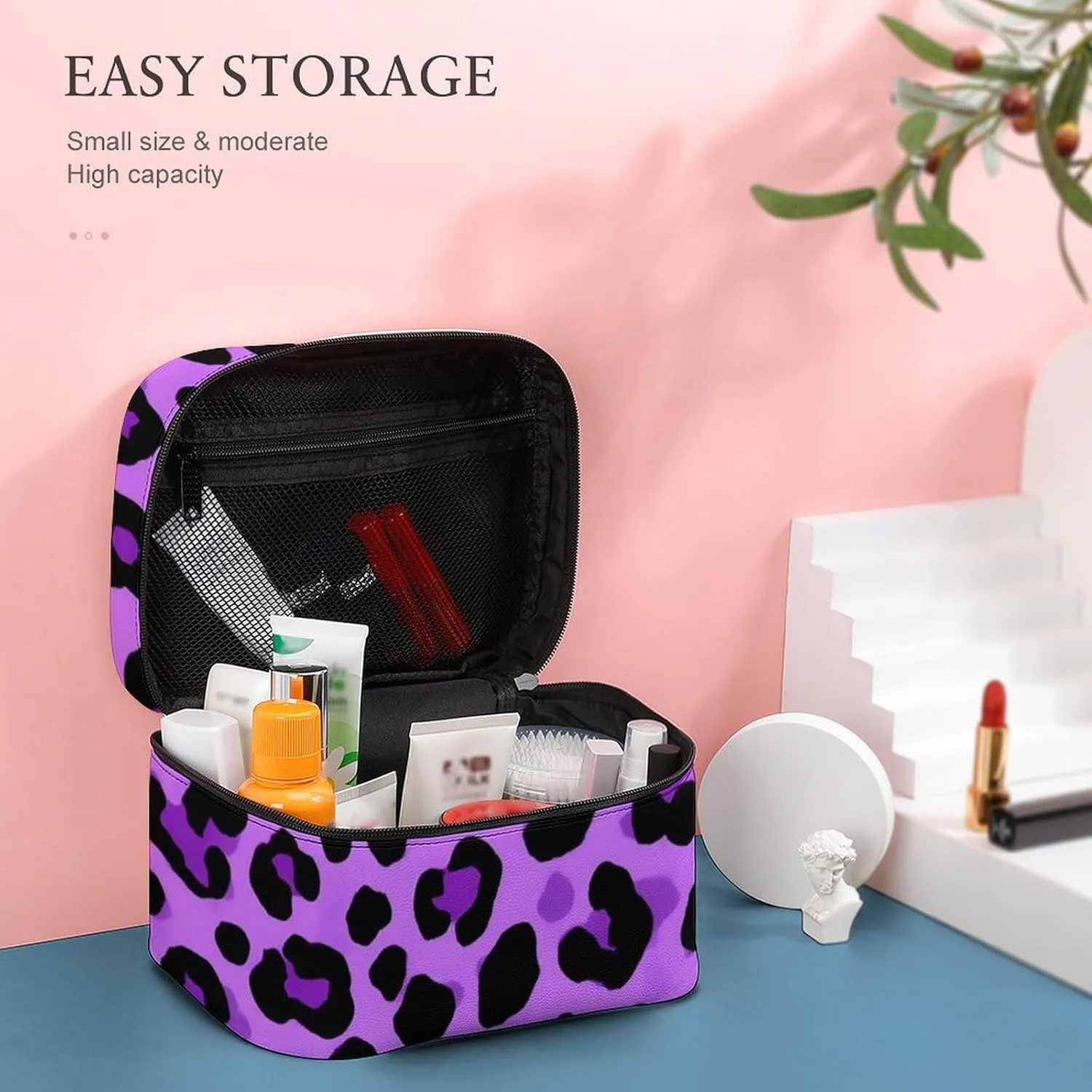 Portable Travel Makeup Bag for Women, Waterproof Toiletry Pouch Purple Cheetah Leopard Print Cosmetic Organizer Storage Case with Handle