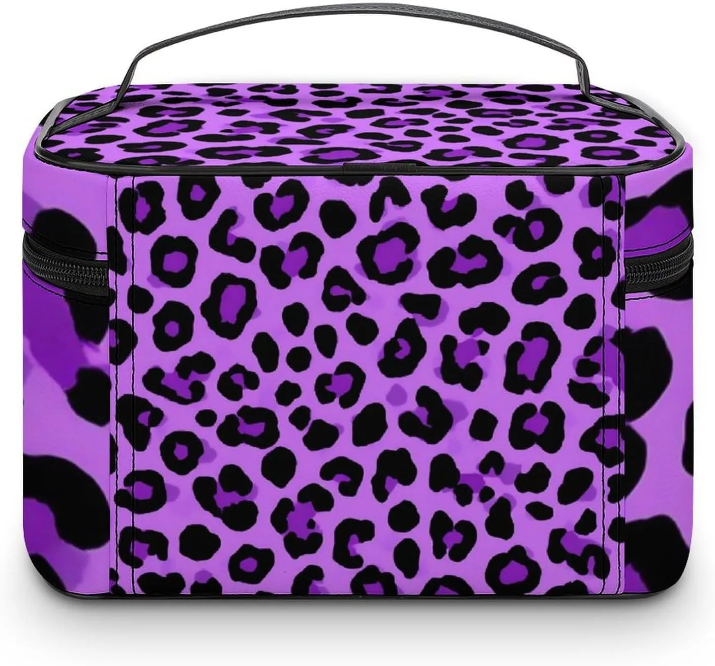 Portable Travel Makeup Bag for Women, Waterproof Toiletry Pouch Purple Cheetah Leopard Print Cosmetic Organizer Storage Case with Handle