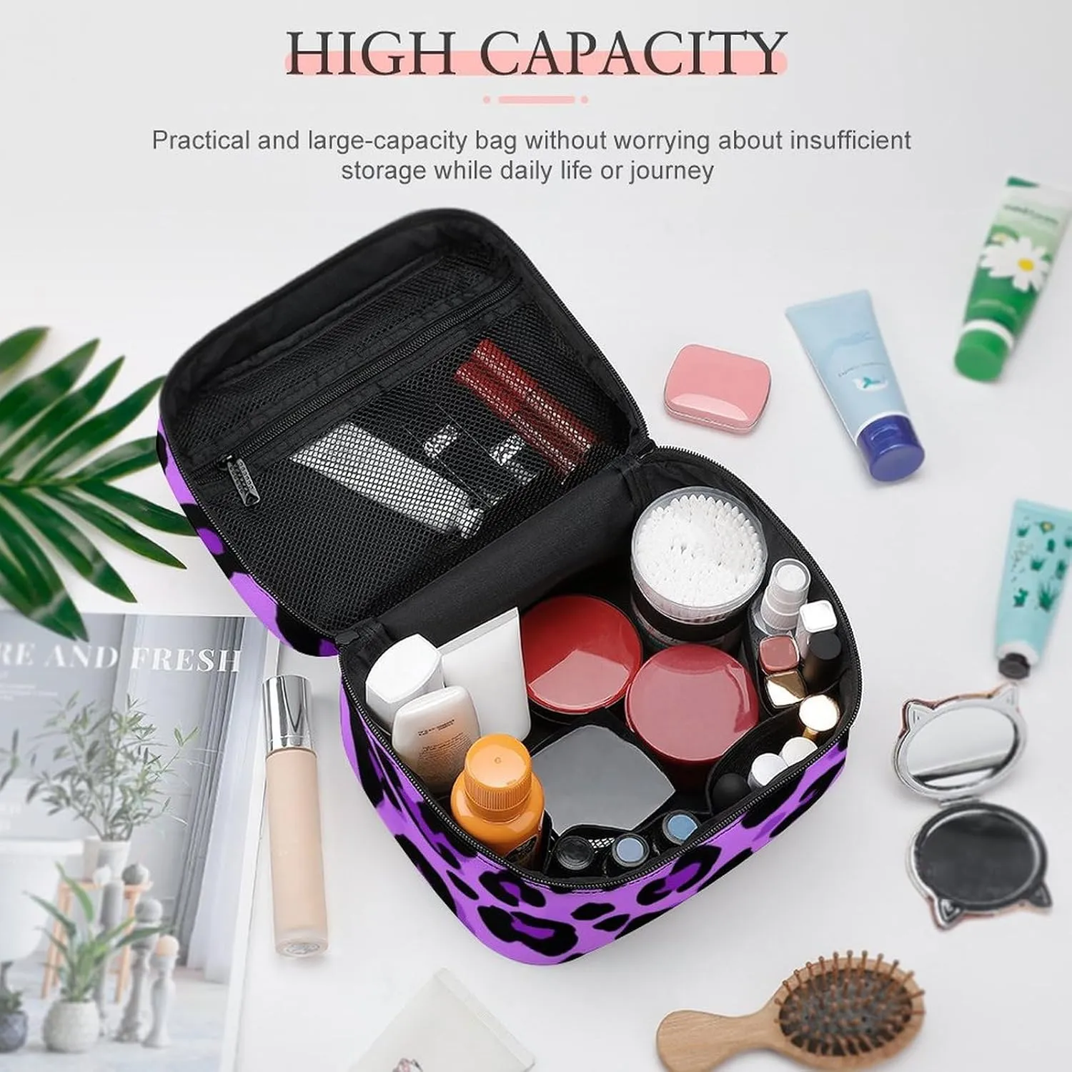 Portable Travel Makeup Bag for Women, Waterproof Toiletry Pouch Purple Cheetah Leopard Print Cosmetic Organizer Storage Case with Handle