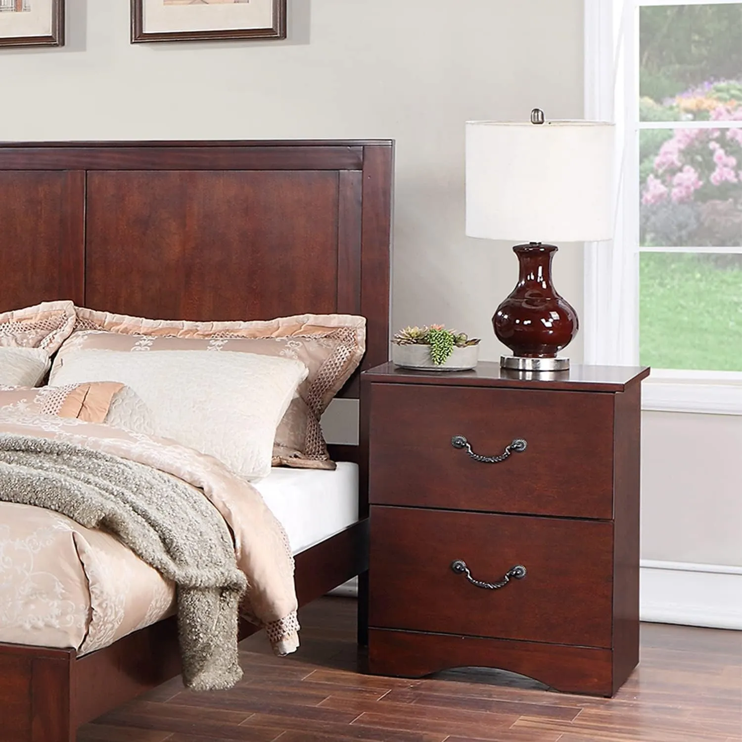 Poundex 2 Drawer Metal Hardware Nightstand, Cherry