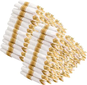 Pre Rolled Silverware Set Disposable - 100 Pack Rolled Plastic Cutlery Set with Napkin, Premium Gold Disposable Cutlery Set Includes: 100 Forks, 100 Knives, 100 Spoons, 100 Napkins