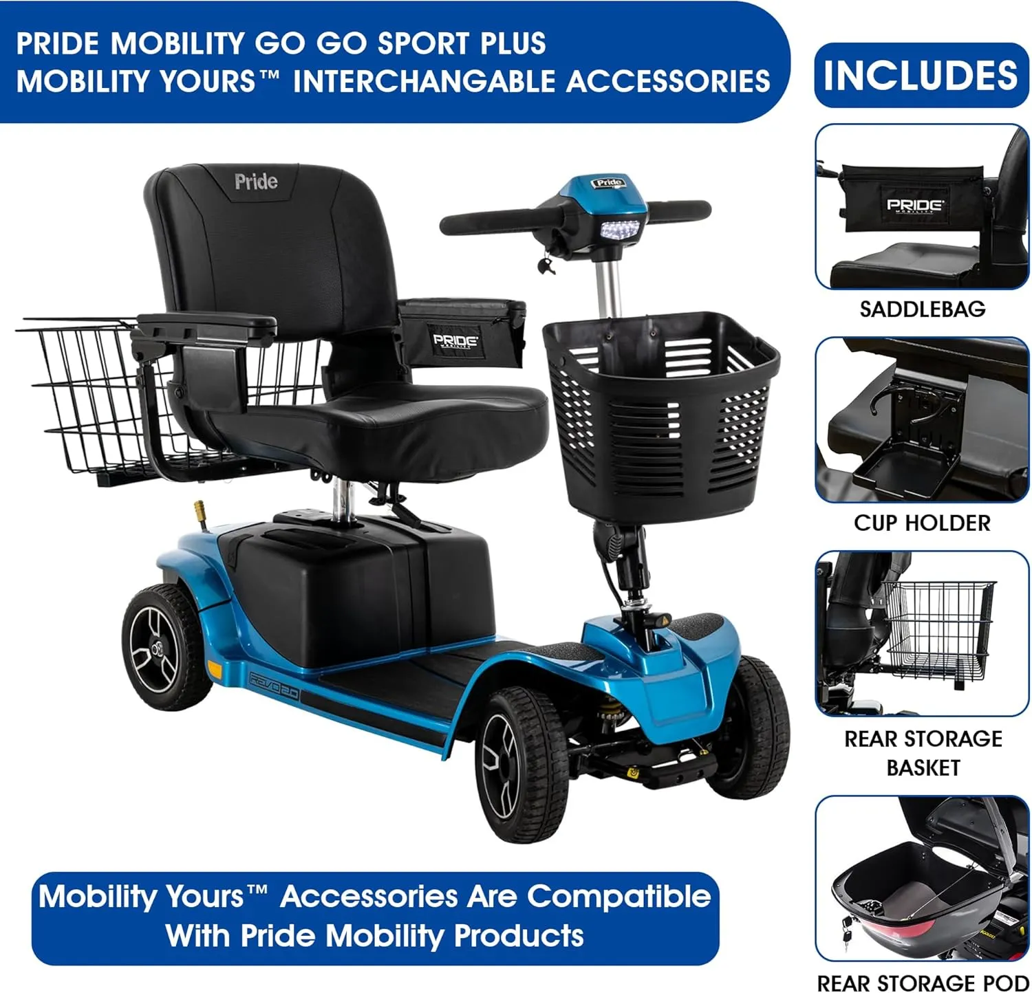 Pride Mobility Revo 2.0 Plus Accessoires, Pride 4 Wheel Heavy Duty Mobility Scooter for Adults and Seniors, 400 lb Capacity, 20" Wide Seat,17.8 Miles Per Charge, CTS Suspension, Ext Warranty (Blue)