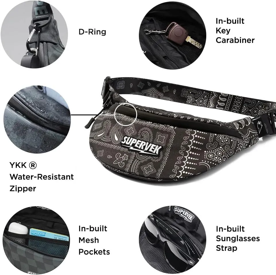 PRO Fanny Pack for Men Women - YKK Waterproof Zipper & Fabric, Crossbody Bag Waist Pack, Belt Bag for Travel Running Outdoor Hiking Cycling - Carry Any Phone, Wallet - Bandana