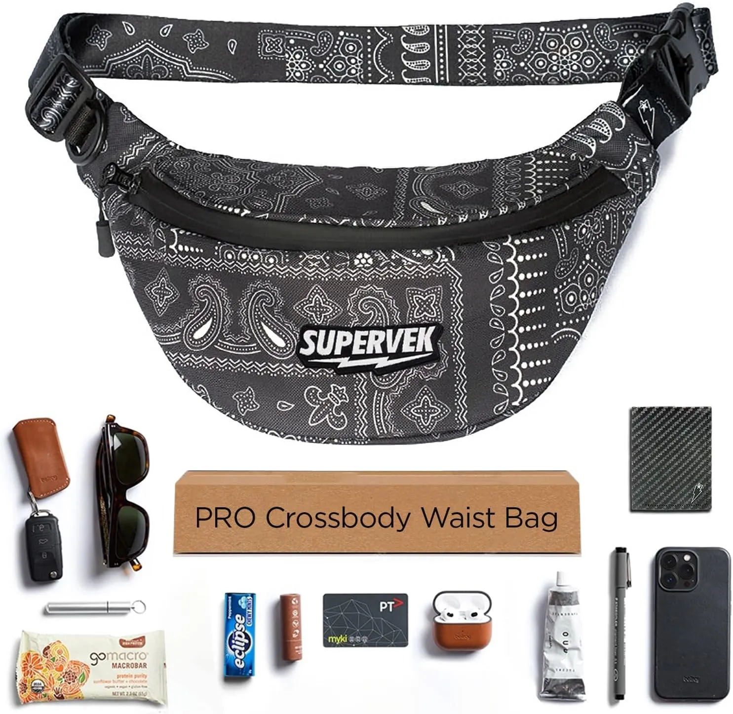 PRO Fanny Pack for Men Women - YKK Waterproof Zipper & Fabric, Crossbody Bag Waist Pack, Belt Bag for Travel Running Outdoor Hiking Cycling - Carry Any Phone, Wallet - Bandana