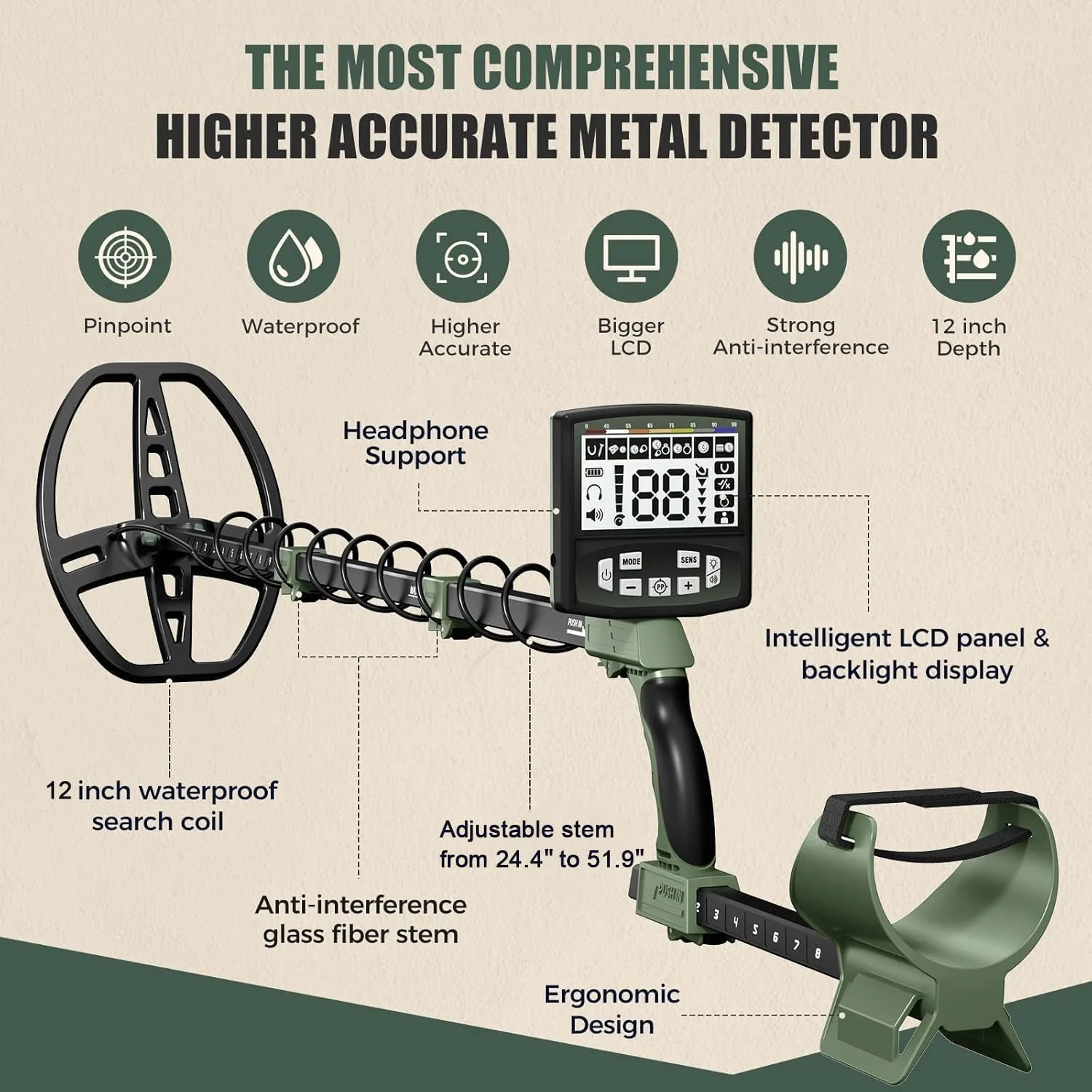 Professional Metal Detector for Adults,12" IP68 Waterproof Search Coil with LCD Backlight,5 Modes Gold Detector,Advanced DSP Chip&High Accuracy System for Beach/Gold Hunting