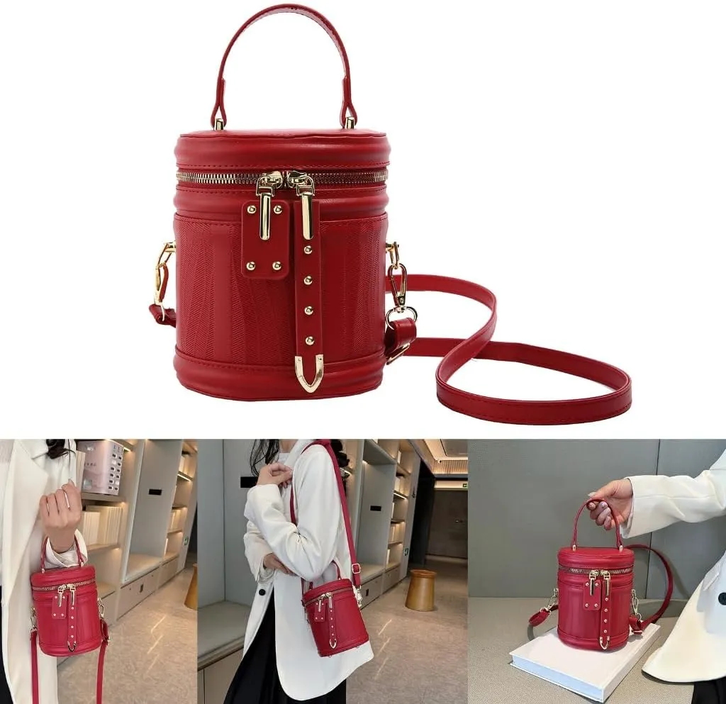 PU Leather Handbag Top Handle Cylinder Bag Crossbody Shoulder Bag for Daily Use