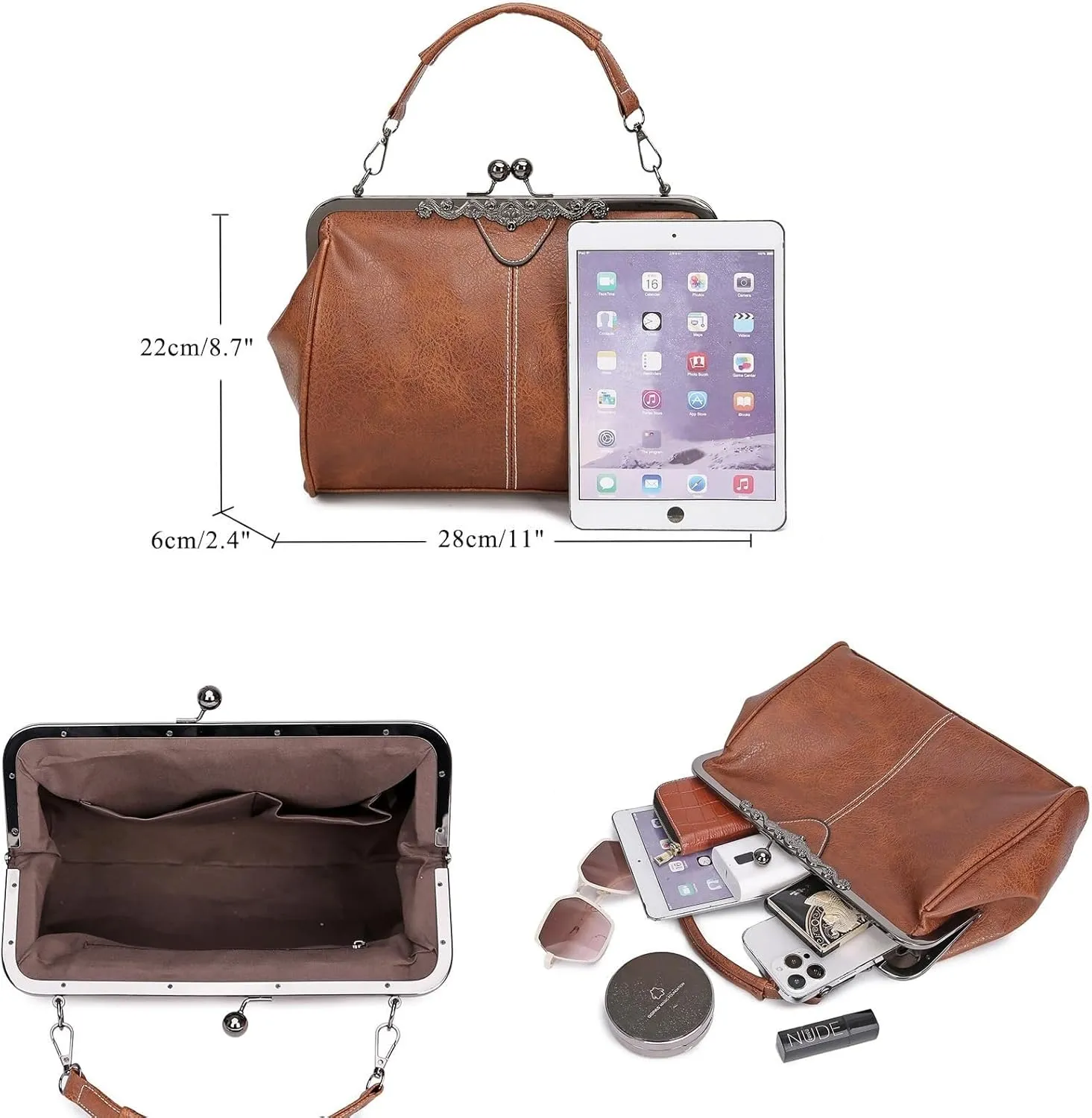 PU Leather Handbags for Women Evening Clutch Satchel Purse Tote Women Vintage Kiss Lock