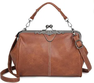 PU Leather Handbags for Women Evening Clutch Satchel Purse Tote Women Vintage Kiss Lock
