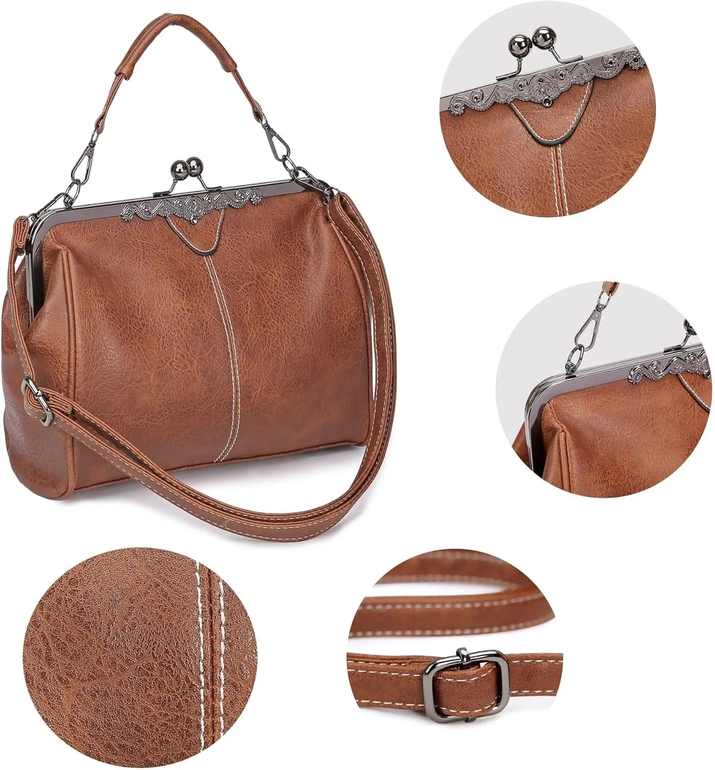 PU Leather Handbags for Women Evening Clutch Satchel Purse Tote Women Vintage Kiss Lock