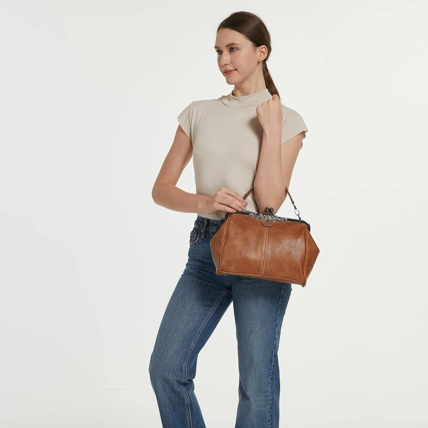 PU Leather Handbags for Women Evening Clutch Satchel Purse Tote Women Vintage Kiss Lock