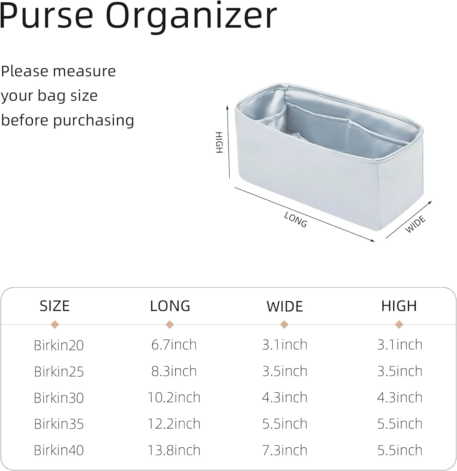 Purse Organizer for Birkin 20/25/30/35/40,Silky Smooth Insert,Lightweight Bag in Bag,Luxury Handbag Storage Accessories(Birkin 30,Blue Pale)