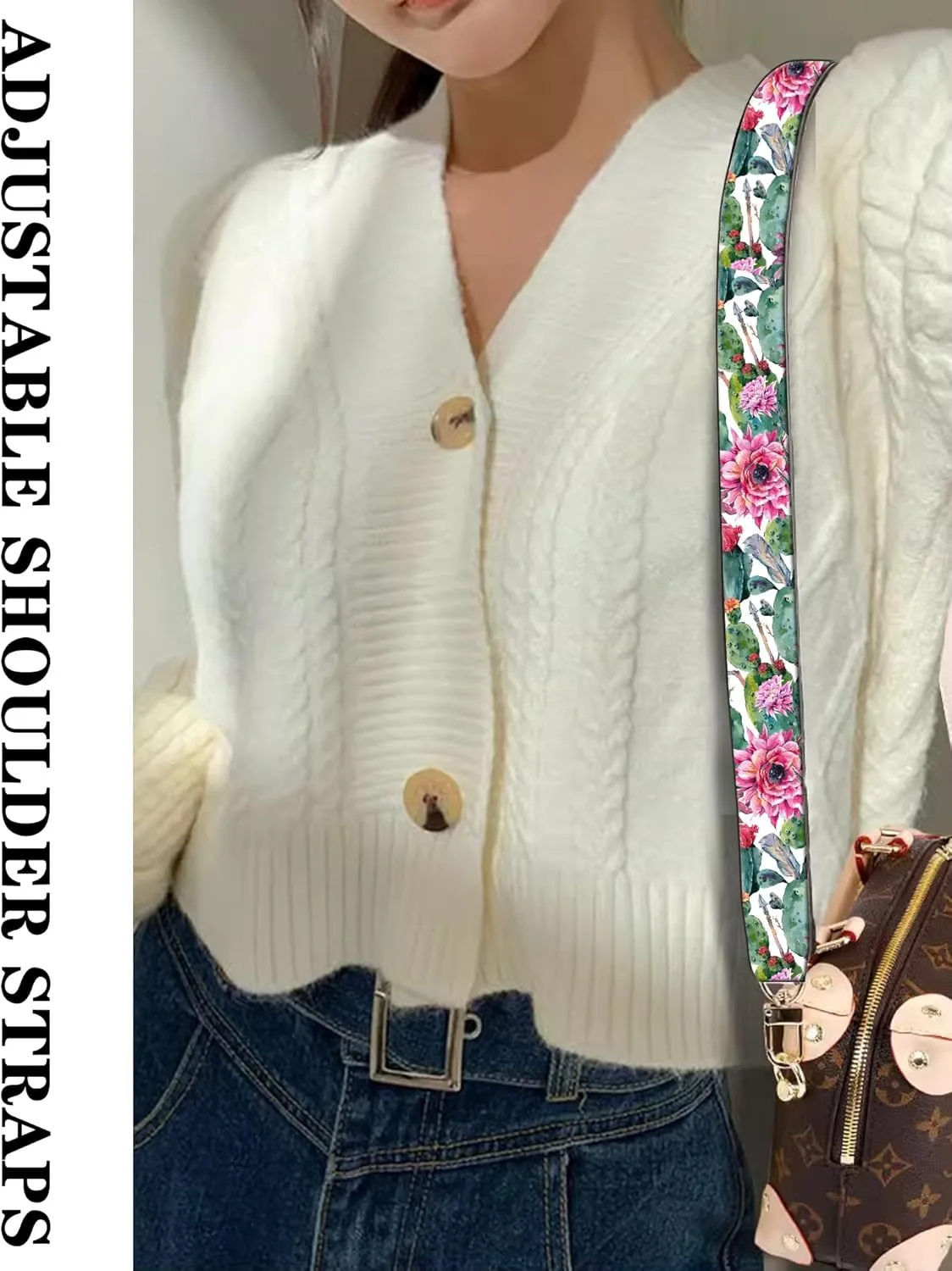 Purse Straps Rose Gold Buckles Wide Shoulder Strap,Fashion Adjustable Replacement Belt for Crossbody Canvas Bag Handbag(Watercolor Cactus)