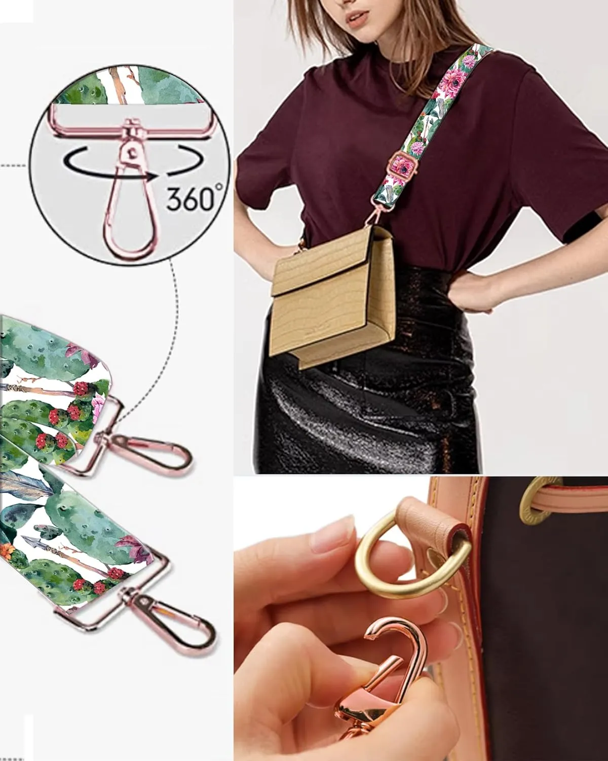 Purse Straps Rose Gold Buckles Wide Shoulder Strap,Fashion Adjustable Replacement Belt for Crossbody Canvas Bag Handbag(Watercolor Cactus)