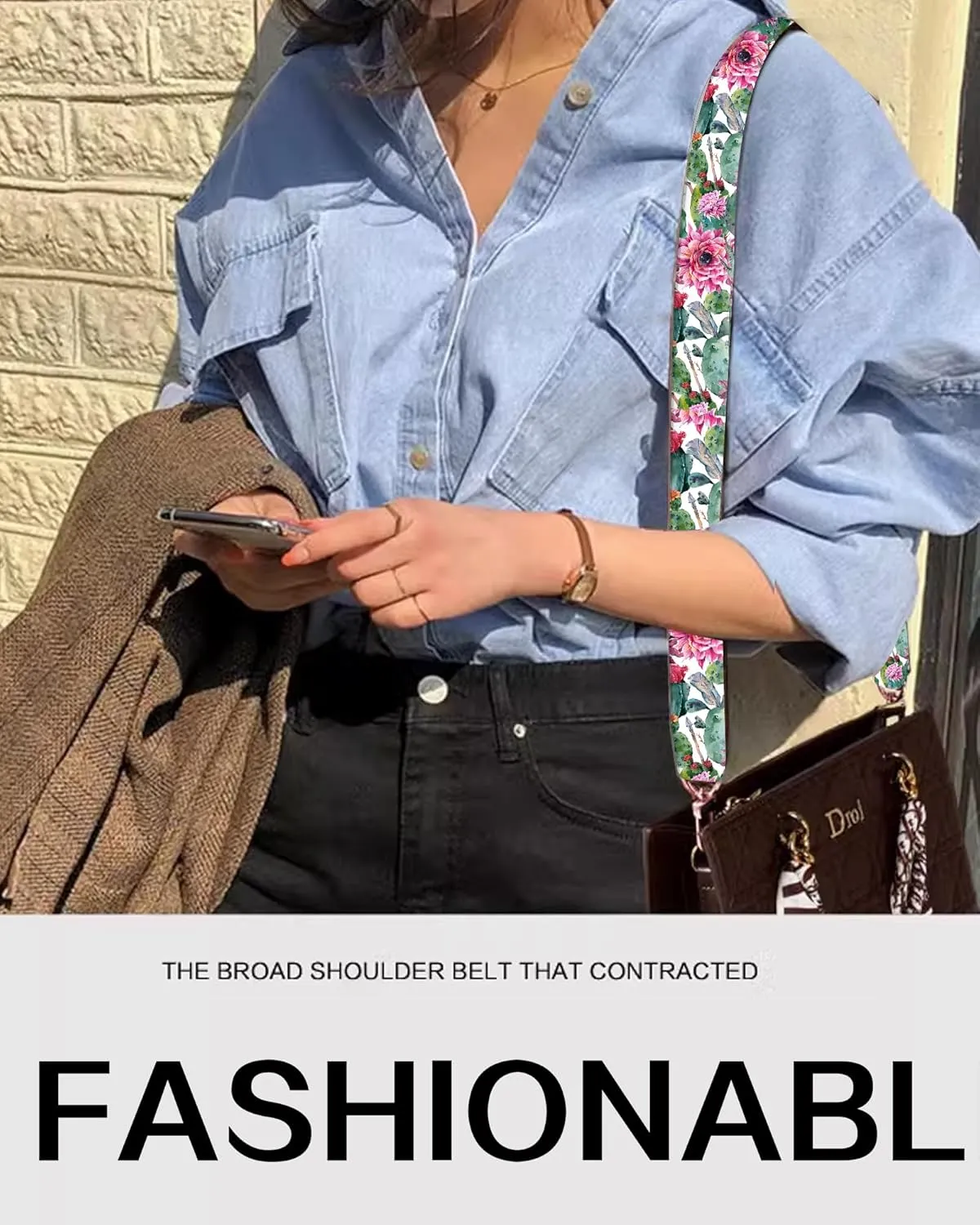 Purse Straps Rose Gold Buckles Wide Shoulder Strap,Fashion Adjustable Replacement Belt for Crossbody Canvas Bag Handbag(Watercolor Cactus)