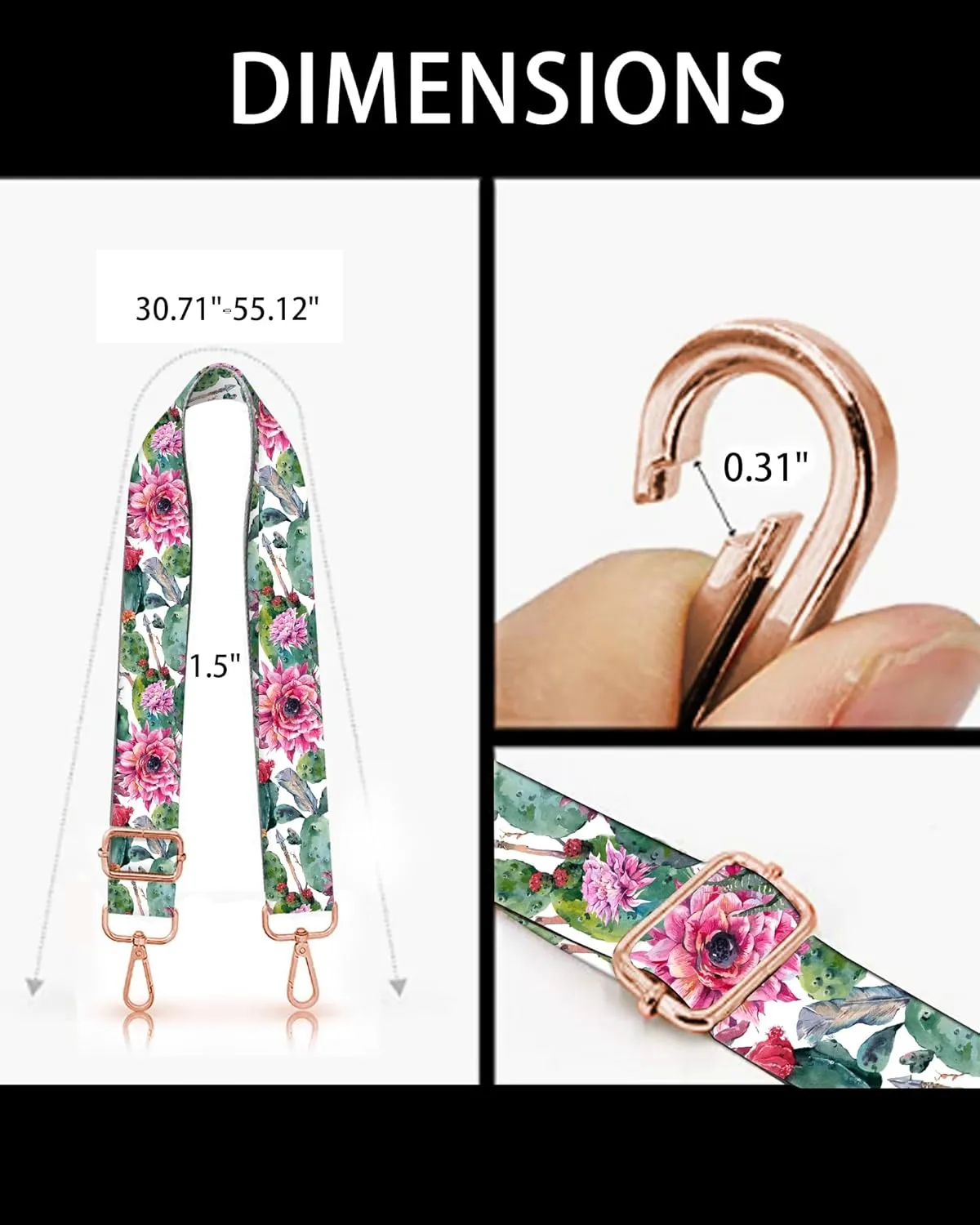 Purse Straps Rose Gold Buckles Wide Shoulder Strap,Fashion Adjustable Replacement Belt for Crossbody Canvas Bag Handbag(Watercolor Cactus)