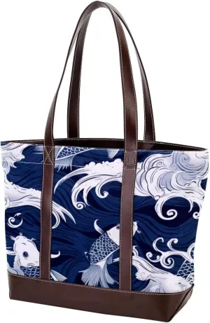 Purses for Women,Tote Bag for Women,Handbags for Women,Blue Fish Luck Koi