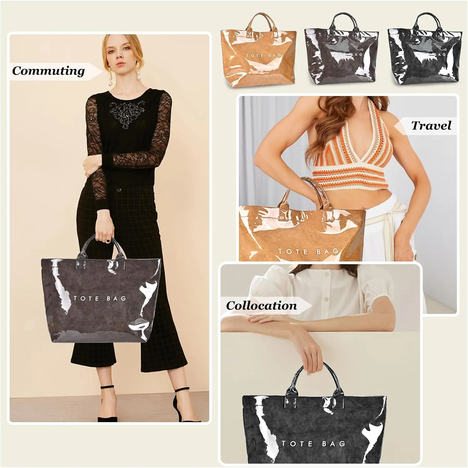 PVC Tote Bag for Women Large Capacity Fashion Kraft Paper Tote Bags with Letter Print Work Tote Bag Shopping Hobo Bag