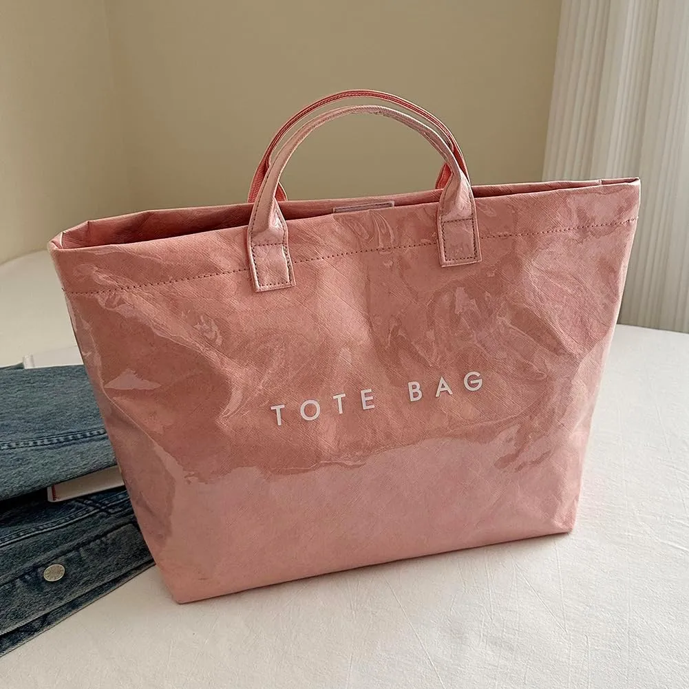 PVC Tote Bag Women's Letters Print Large Kraft Paper Carry All Bag Top Handle Clear Hobo Handbag Easy to Clean