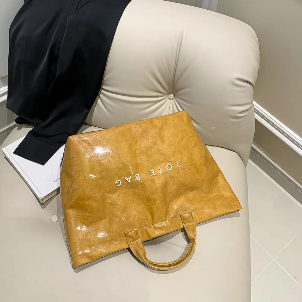 PVC Tote Bag Women's Letters Print Large Kraft Paper Carry All Bag Top Handle Clear Hobo Handbag Easy to Clean