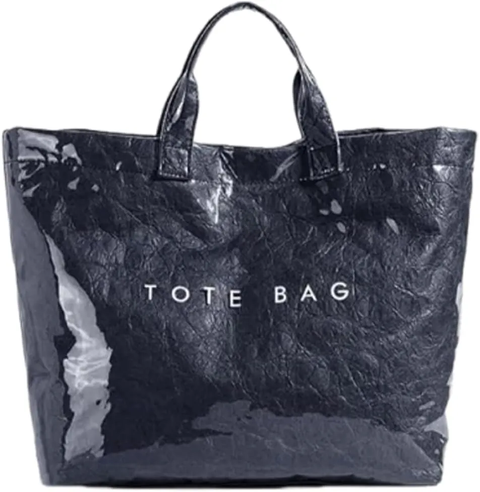 PVC Tote Bag Women's Letters Print Large Kraft Paper Carry All Bag Top Handle Clear Hobo Handbag Easy to Clean