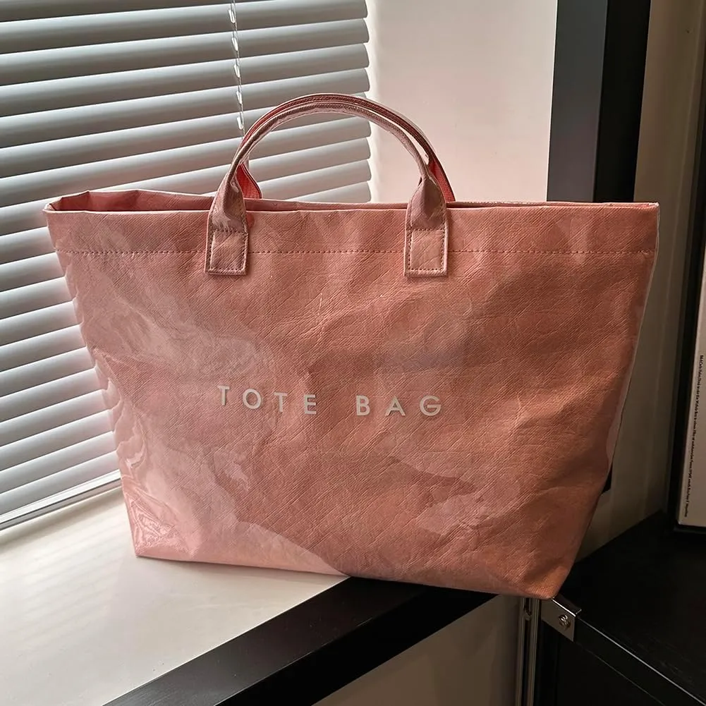 PVC Tote Bag Women's Letters Print Large Kraft Paper Carry All Bag Top Handle Clear Hobo Handbag Easy to Clean