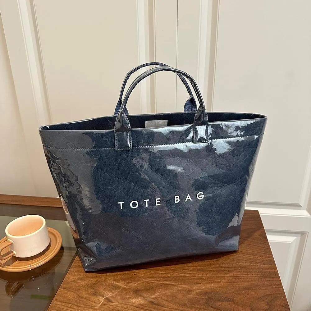PVC Tote Bag Women's Letters Print Large Kraft Paper Carry All Bag Top Handle Clear Hobo Handbag Easy to Clean