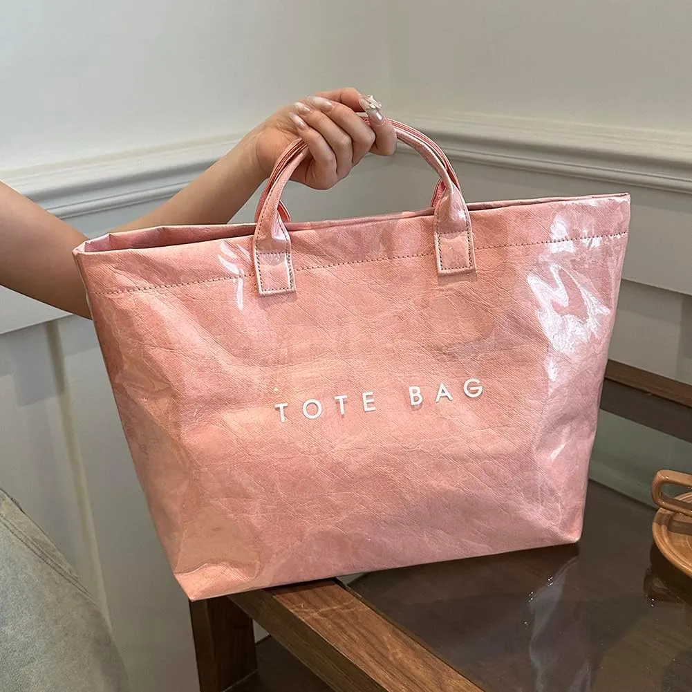 PVC Tote Bag Women's Letters Print Large Kraft Paper Carry All Bag Top Handle Clear Hobo Handbag Easy to Clean