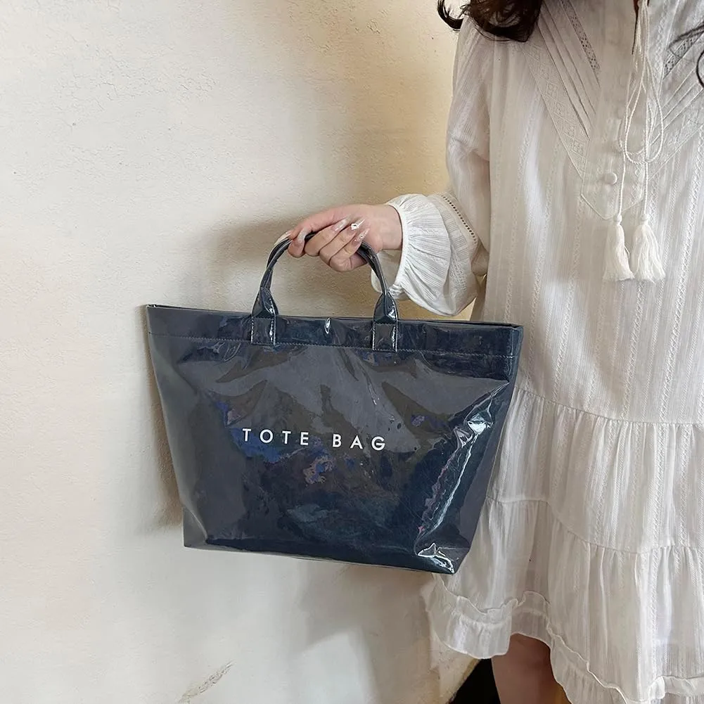 PVC Tote Bag Women's Letters Print Large Kraft Paper Carry All Bag Top Handle Clear Hobo Handbag Easy to Clean