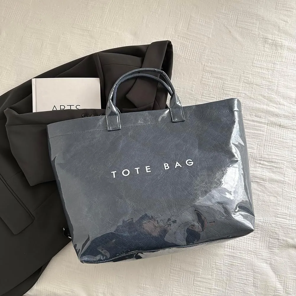 PVC Tote Bag Women's Letters Print Large Kraft Paper Carry All Bag Top Handle Clear Hobo Handbag Easy to Clean