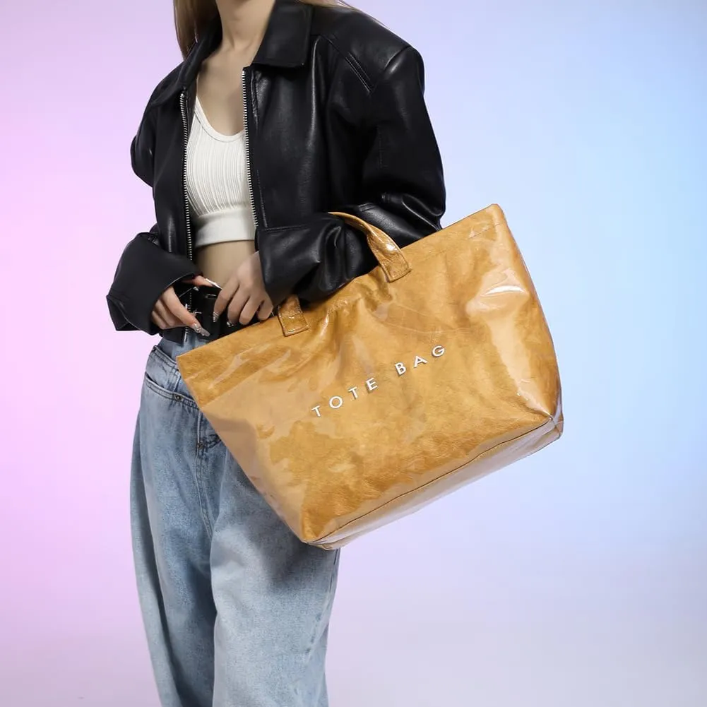PVC Tote Bag Women's Letters Print Large Kraft Paper Carry All Bag Top Handle Clear Hobo Handbag Easy to Clean