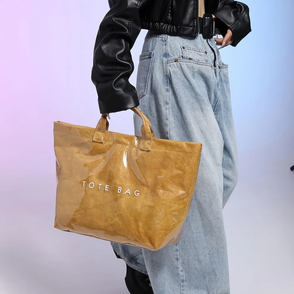 PVC Tote Bag Women's Letters Print Large Kraft Paper Carry All Bag Top Handle Clear Hobo Handbag Easy to Clean
