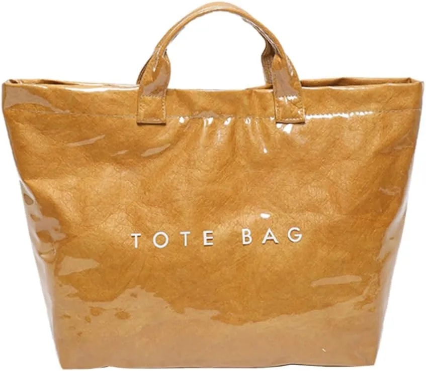 PVC Tote Bag Women's Letters Print Large Kraft Paper Carry All Bag Top Handle Clear Hobo Handbag Easy to Clean