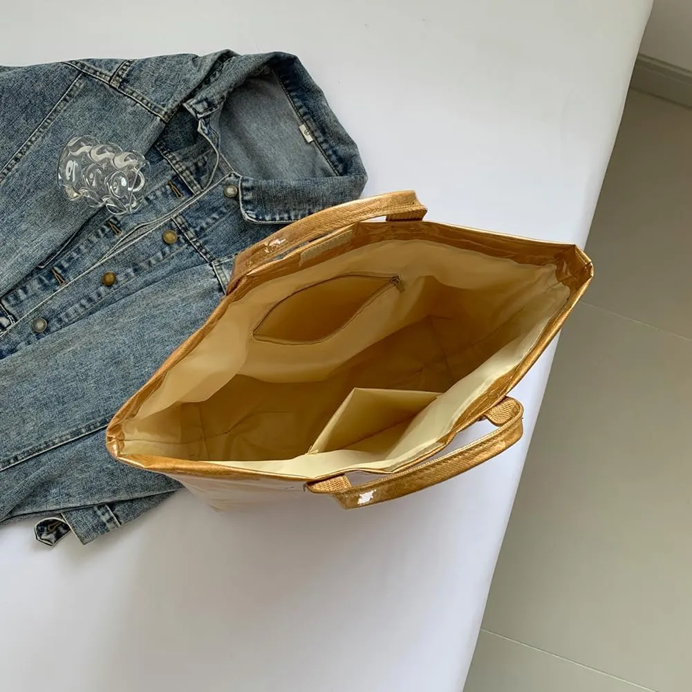 PVC Tote Bag Women's Letters Print Large Kraft Paper Carry All Bag Top Handle Clear Hobo Handbag Easy to Clean