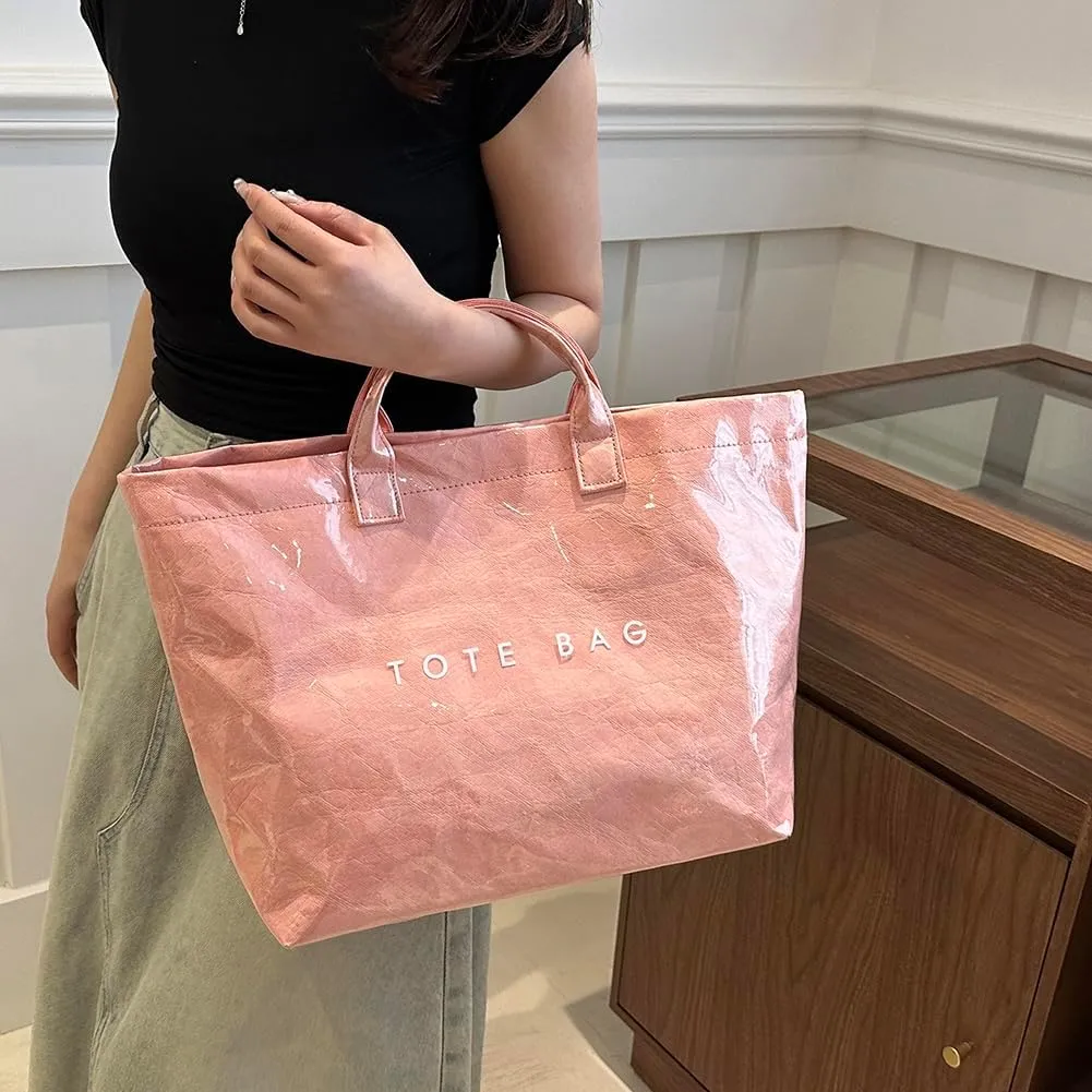 PVC Tote Bag Women's Letters Print Large Kraft Paper Carry All Bag Top Handle Clear Hobo Handbag Easy to Clean