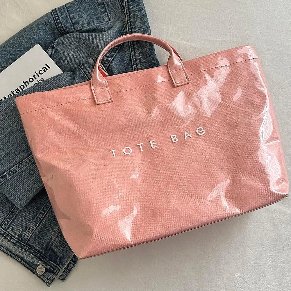 PVC Tote Bag Women's Letters Print Large Kraft Paper Carry All Bag Top Handle Clear Hobo Handbag Easy to Clean