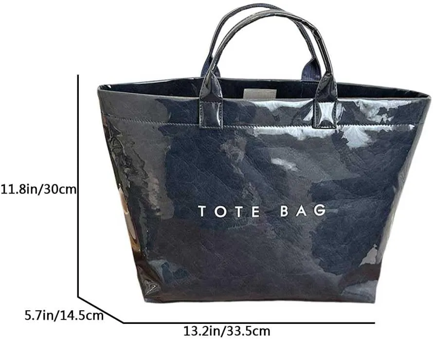 PVC Tote Bag Women's Letters Print Large Kraft Paper Carry All Bag Top Handle Clear Hobo Handbag Easy to Clean